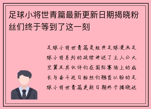 足球小将世青篇最新更新日期揭晓粉丝们终于等到了这一刻